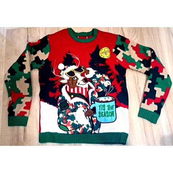 Kohl's Celebrate Men's M/L Ugly Christmas Sweater Pocket Camo Reindeer - Picture 1 of 10